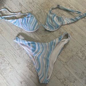 blue and white wave print bikini